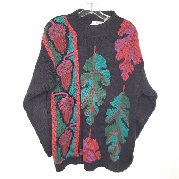 Le Moda 90s Embroidered Cotton Sweater L Navy Blue Green Leaves Acorns Autumn - Picture 1 of 5